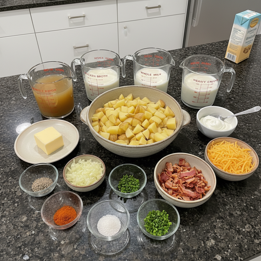 loaded-potato-soup-ingredients Fresh ingredients for loaded potato soup including potatoes, bacon, cheese, sour cream, and green onions on a wooden board.