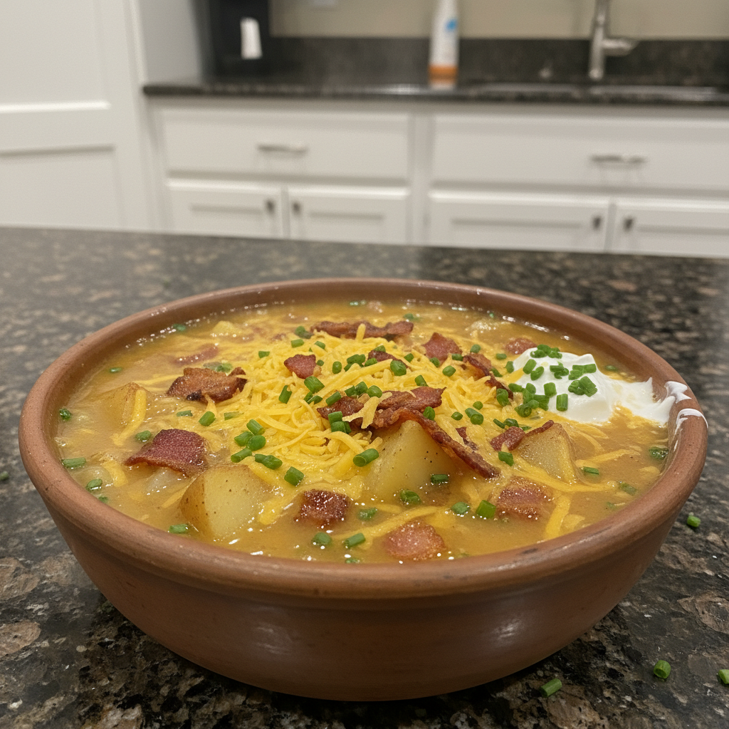 A creamy bowl of loaded potato soup generously topped with crispy bacon, melted cheddar cheese, and fresh green onions.
