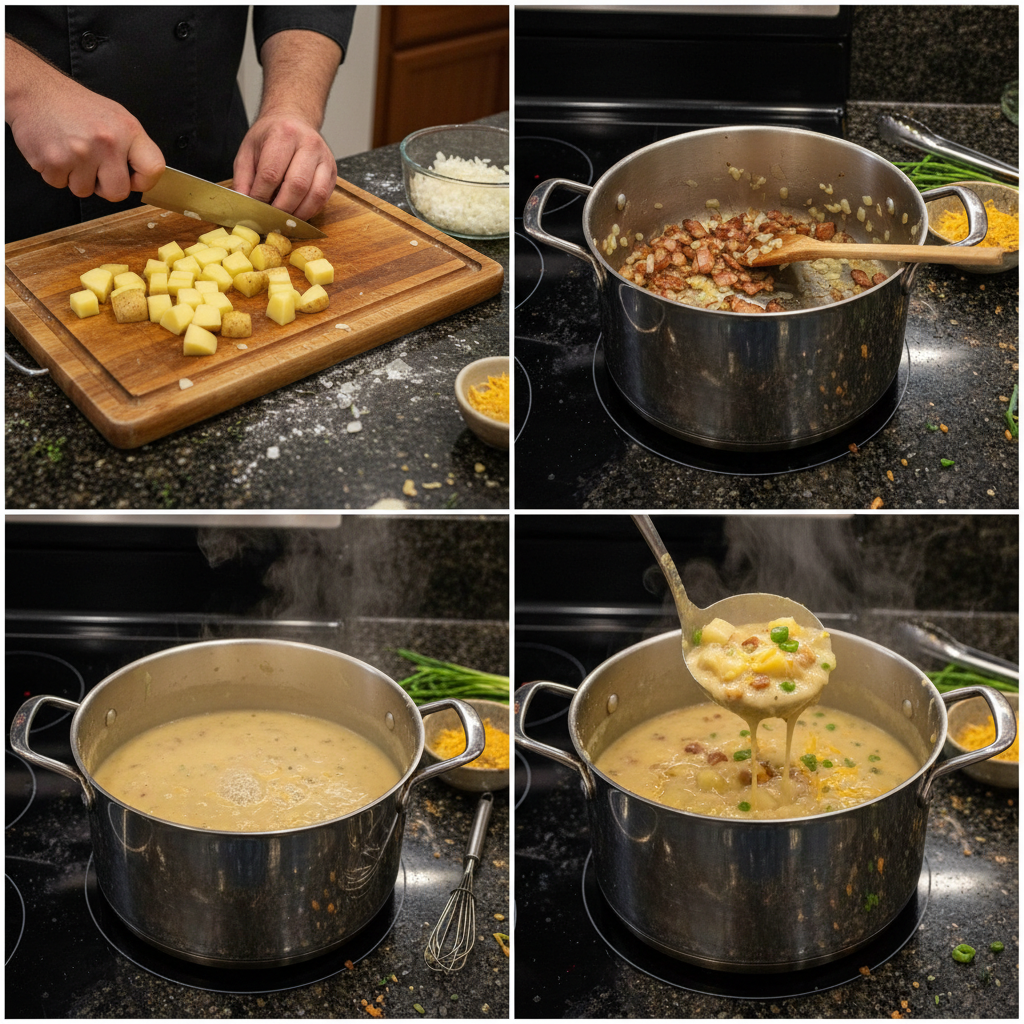 loaded-potato-soup-preparation-step Diced potatoes simmering in a creamy broth during the process of making loaded potato soup.