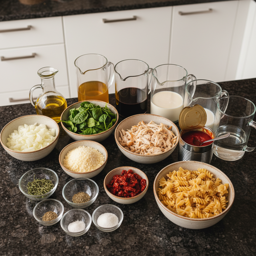 marry-me-chicken-soup-ingredients Various fresh ingredients for marry me chicken soup including chicken breast, heavy cream, sun-dried tomatoes, spinach, and spices.
