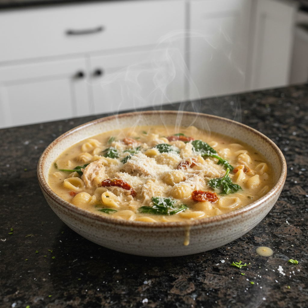 A creamy bowl of marry me chicken soup with tender chicken, spinach, and sun-dried tomatoes, garnished with fresh basil.