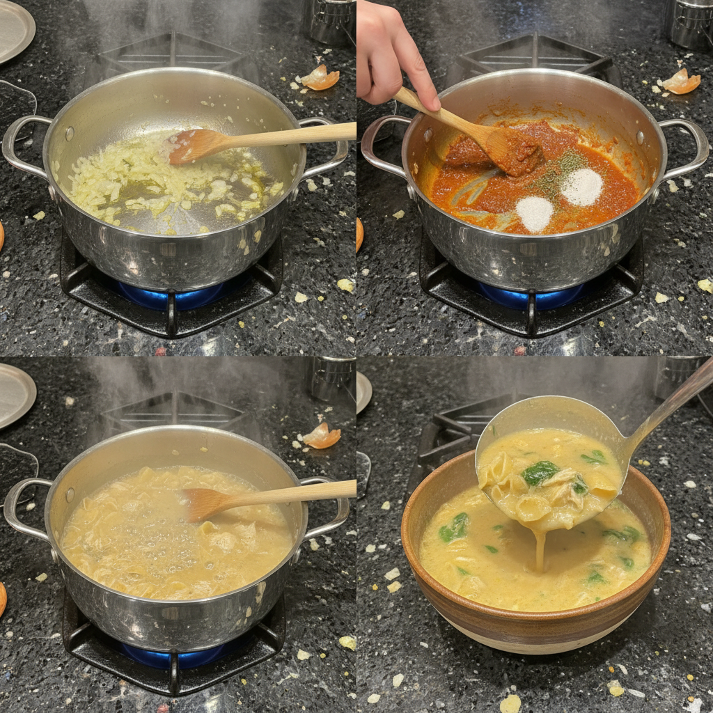 marry-me-chicken-soup-preparation Chicken and vegetables simmering in a creamy broth, a key step in preparing marry me chicken soup.