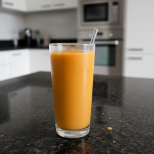 A vibrant orange Papaya Smoothie in a tall glass, garnished with a mint leaf and a slice of papaya on the rim.