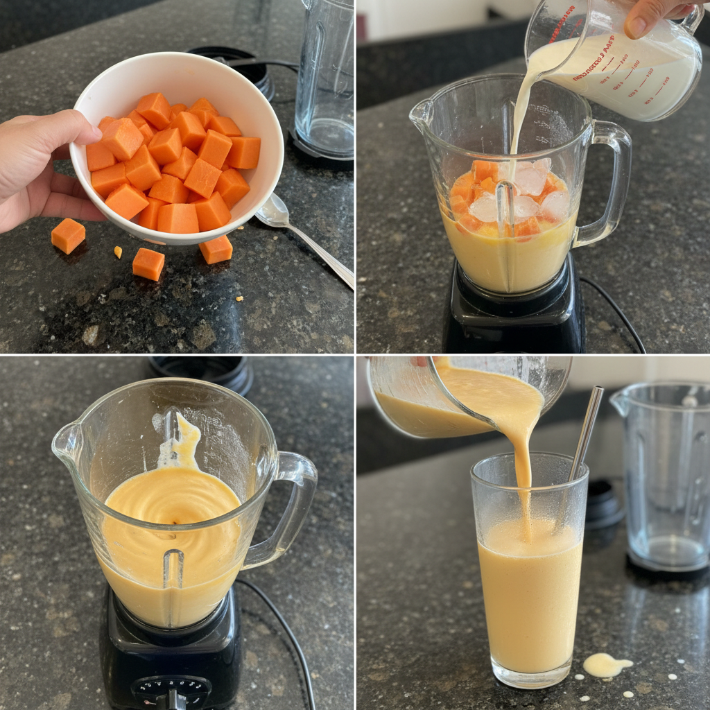 A blender actively mixing fresh papaya chunks, banana, and yogurt into a creamy Papaya Smoothie.