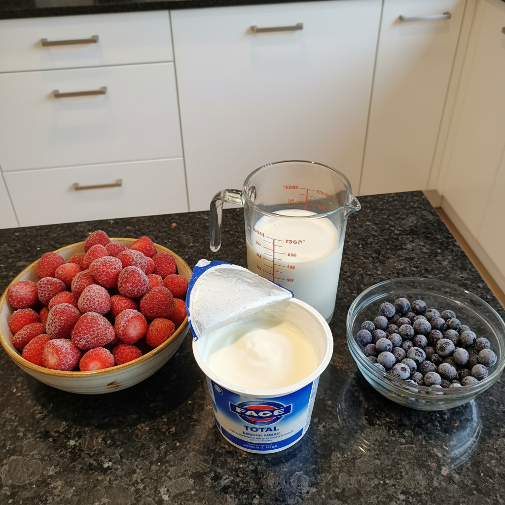 probiotic-berry-smoothie-ingredients Fresh mixed berries, creamy yogurt, and other wholesome ingredients laid out for a Probiotic Berry Smoothie.