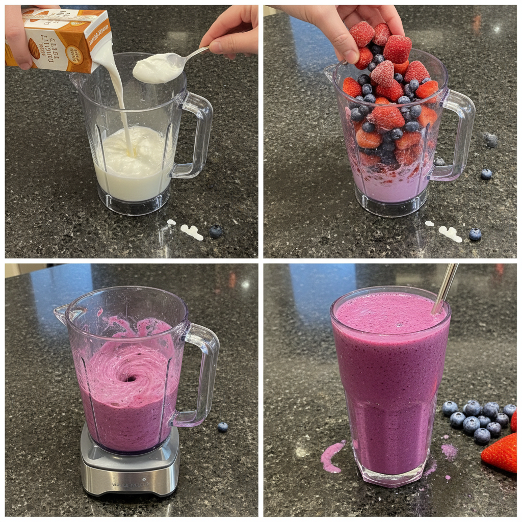 probiotic-berry-smoothie-preparation A high-speed blender actively mixing fresh fruit and yogurt to create a smooth Probiotic Berry Smoothie.