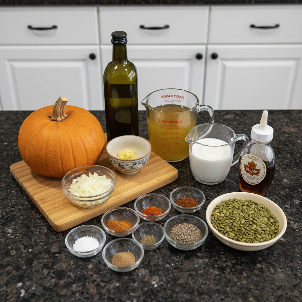pumpkin-soup-recipes-ingredients Fresh, colorful ingredients like pumpkin, onions, and spices laid out on a board for easy pumpkin soup recipes preparation.