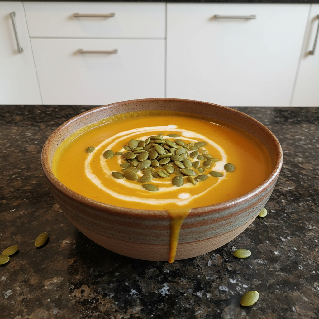 A creamy, vibrant orange bowl of pumpkin soup, garnished with fresh herbs, perfect for cozy pumpkin soup recipes.