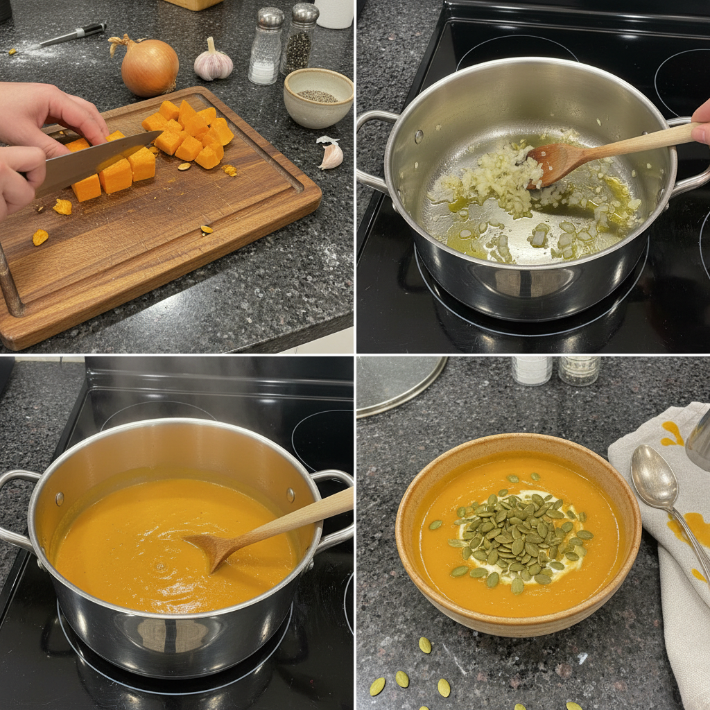 pumpkin-soup-recipes-preparation A chef carefully stirs a simmering pot of bright orange pumpkin, onions, and broth, a key step in many pumpkin soup recipes.