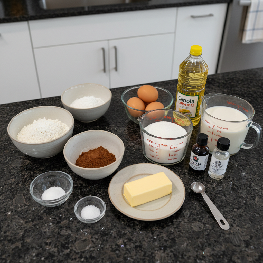 red-velvet-cupcakes-ingredients Key ingredients for Red Velvet Cupcakes, including cocoa powder, flour, sugar, and buttermilk, neatly arranged on a counter.