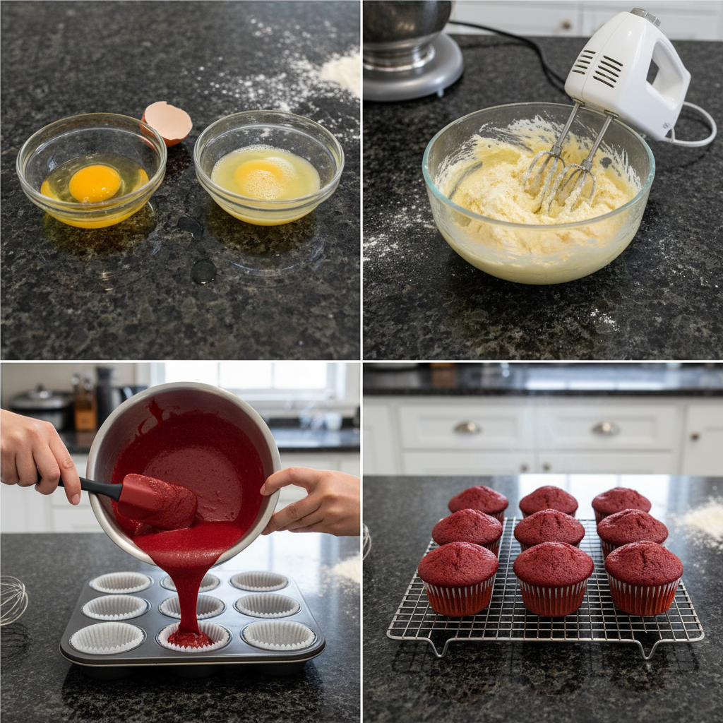 red-velvet-cupcakes-prep Mixing the deep red batter for Red Velvet Cupcakes in a glass bowl, showcasing its vibrant color and smooth consistency.