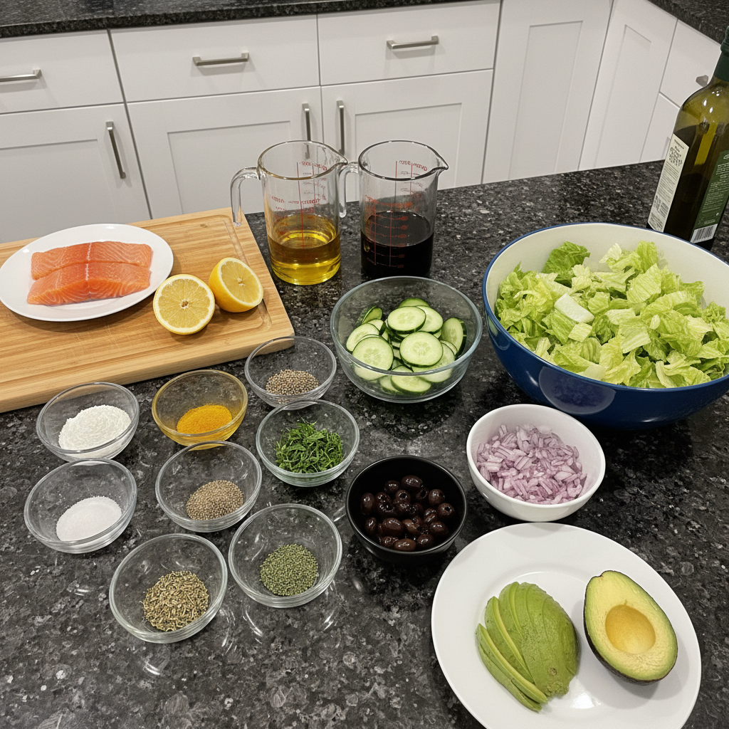 romantic-keto-salmon-avocado-valentines-dinner-ingredients Fresh ingredients for romantic keto salmon with avocado, including salmon fillets, ripe avocados, lemons, and herbs.