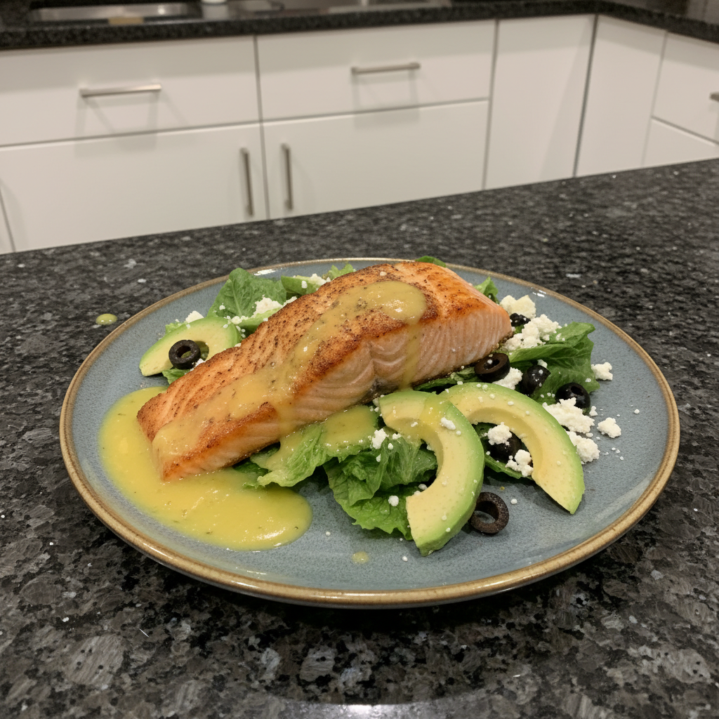 A beautifully plated romantic keto salmon with avocado, garnished with herbs, ready for a special Valentine’s dinner.
