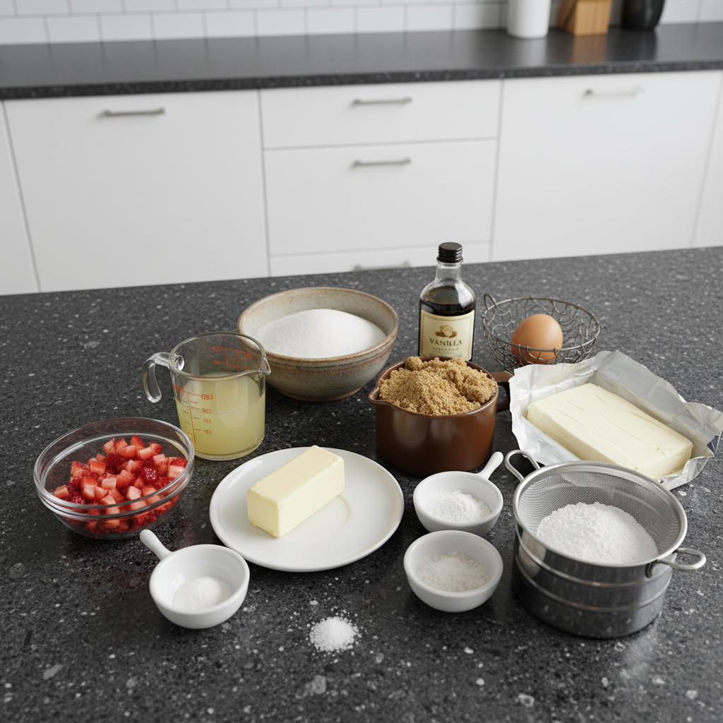 strawberry-shortcake-cookies-ingredients An array of fresh strawberries, flour, sugar, butter, and other key ingredients for delicious Strawberry Shortcake Cookies.