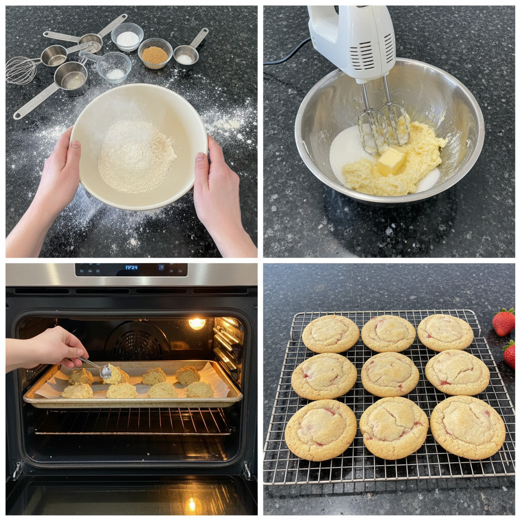 strawberry-shortcake-cookies-prep-step Hands gently mixing the soft, shaggy dough for Strawberry Shortcake Cookies in a large bowl, ready for shaping.