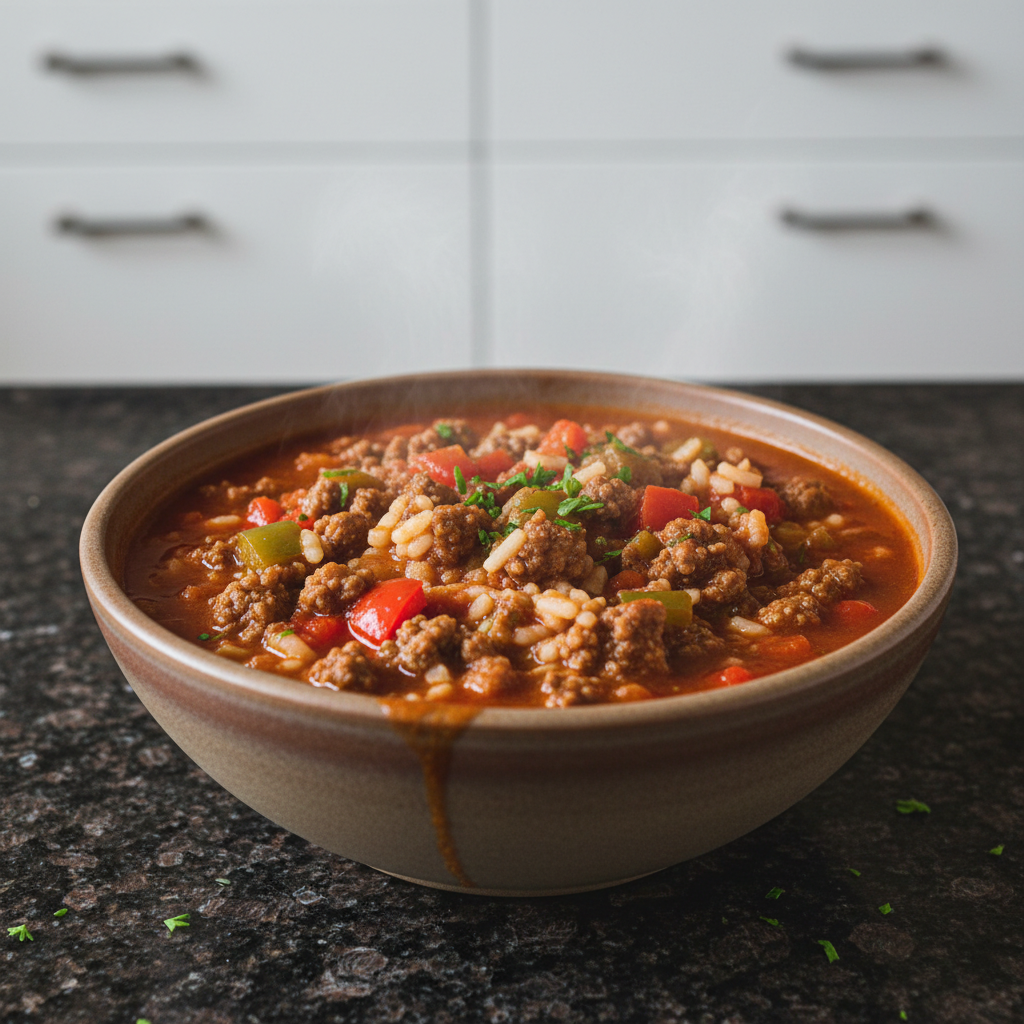 A hearty bowl of stuffed pepper soup, brimming with ground beef, rice, and bell peppers, garnished with fresh parsley.