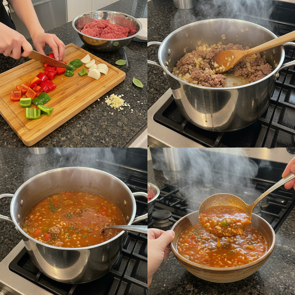 stuffed-pepper-soup-prep-process A large pot of simmering stuffed pepper soup on the stove, showing the cooking process in an inviting kitchen.
