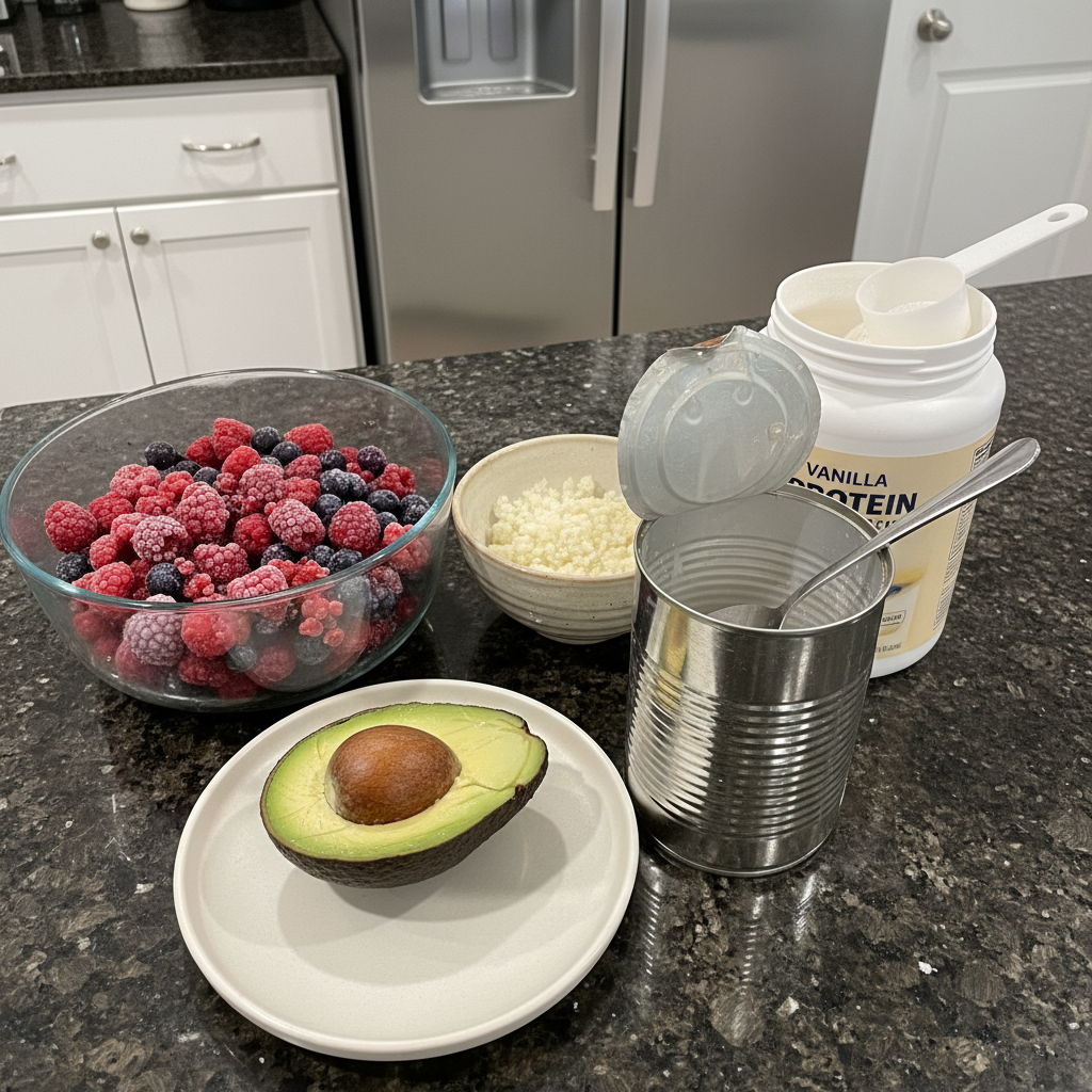 Fresh ingredients like berries, avocado, almond milk, and protein powder laid out for a delicious Thick Keto Smoothie Bowl.