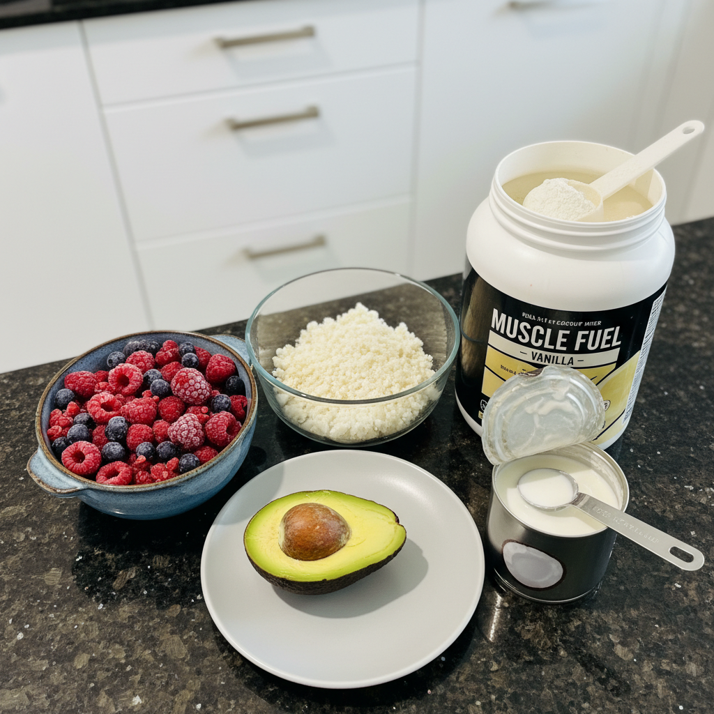 thick-keto-smoothie-bowl-ingredients Fresh ingredients laid out for a Thick Keto Smoothie Bowl, including avocado, berries, and nut butter.
