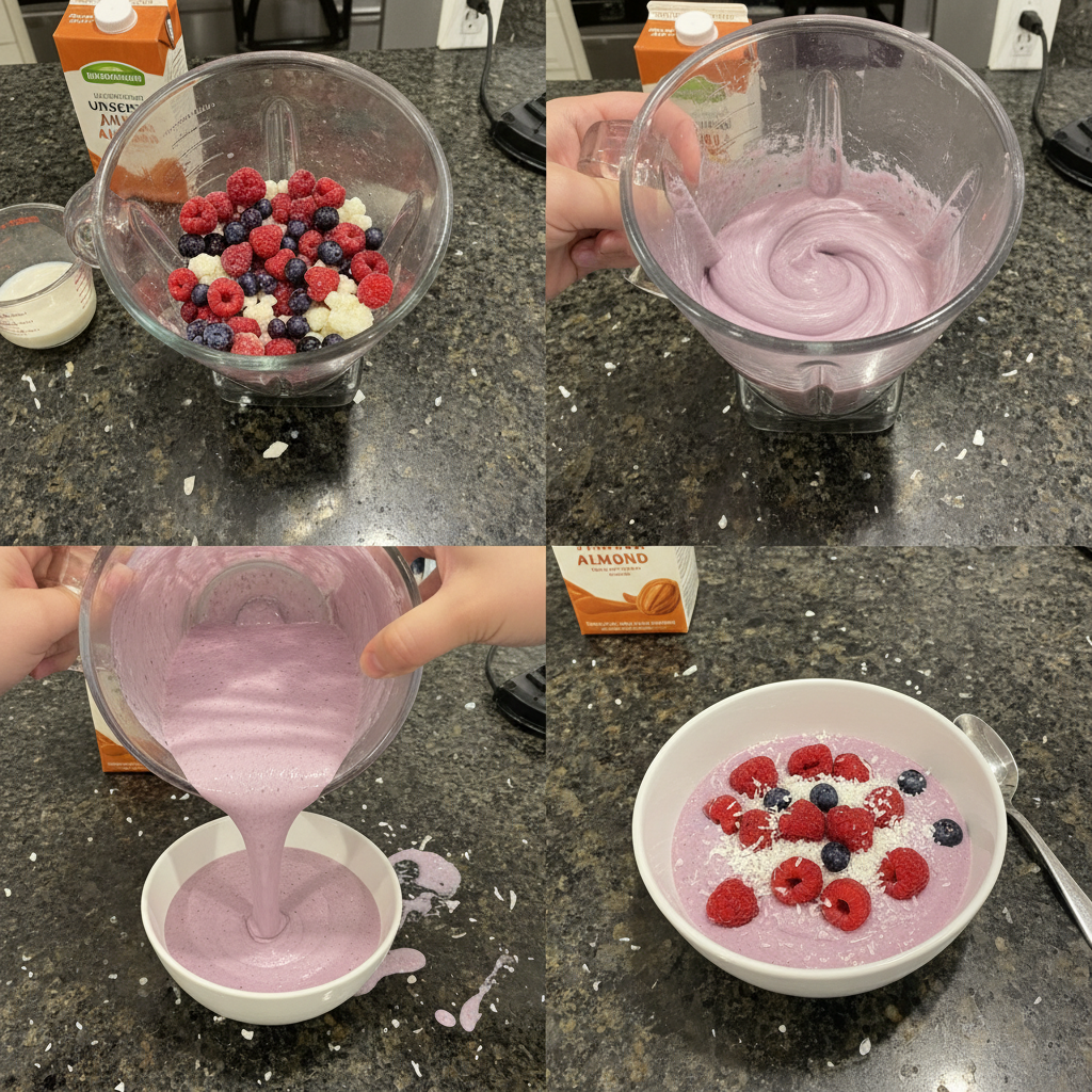 Hands blending a mixture of ingredients in a high-speed blender to create a Thick Keto Smoothie Bowl.