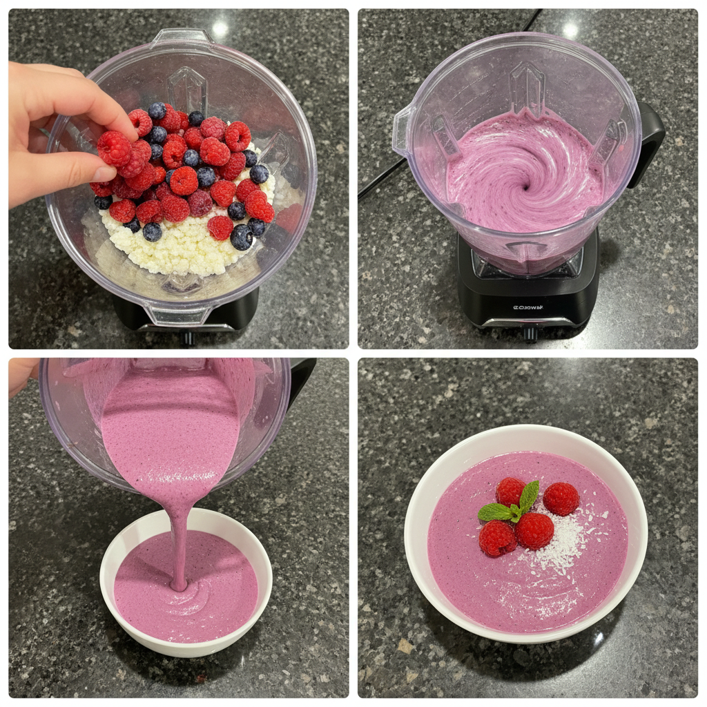 thick-keto-smoothie-bowl-prep A blender actively mixing ingredients to create a thick keto smoothie bowl.