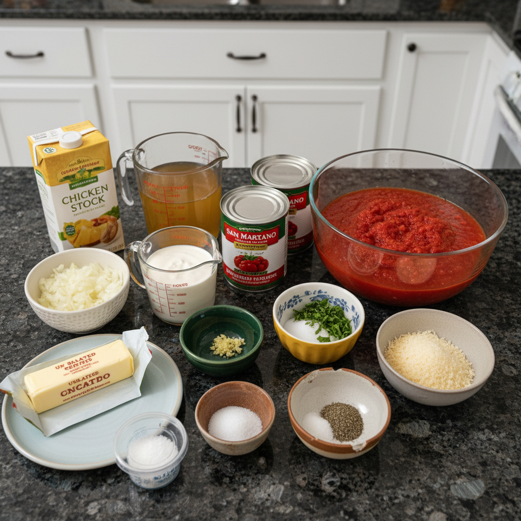 tomato-soup-ingredients Fresh tomatoes, onions, garlic, basil, and cream artfully arranged on a rustic wooden board for homemade tomato soup.