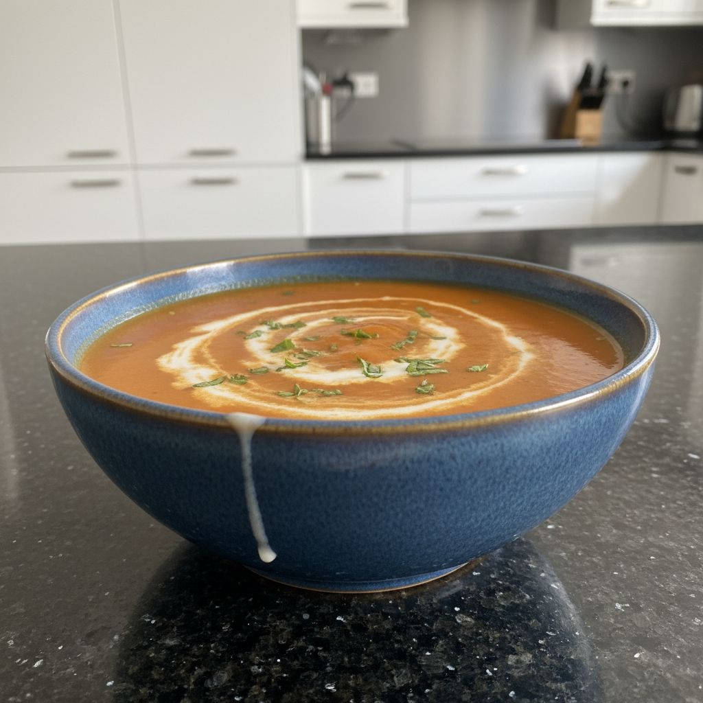 A steaming bowl of creamy tomato soup garnished with fresh basil leaves, ready to be enjoyed.