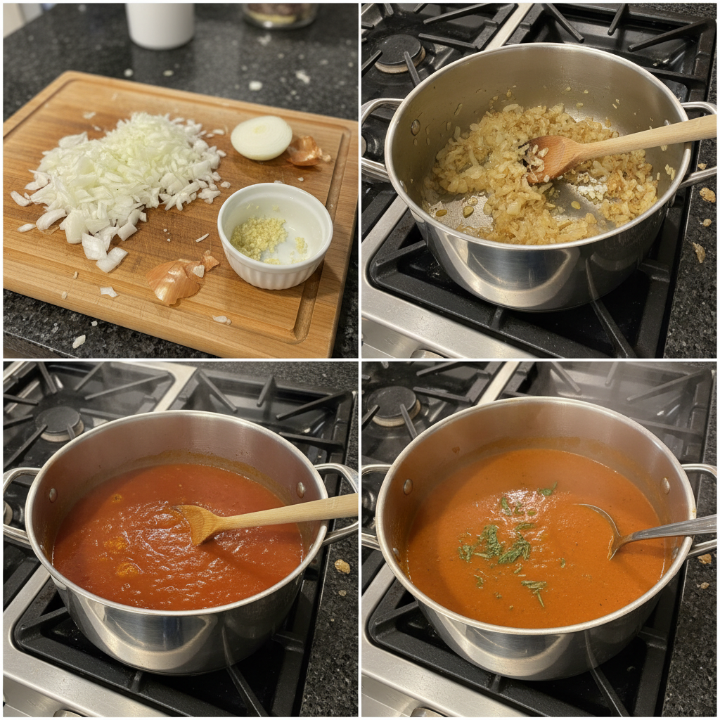 tomato-soup-prep-step Diced onions and minced garlic gently sautéing in olive oil in a large pot, the initial step for rich tomato soup.