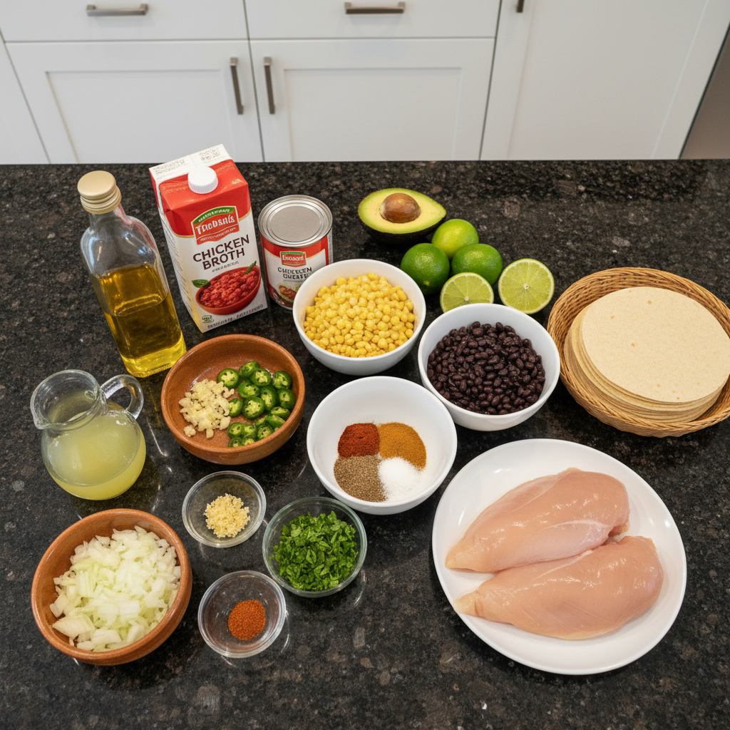 Fresh ingredients laid out for making delicious tortilla soup, including chicken, tomatoes, corn, and spices.