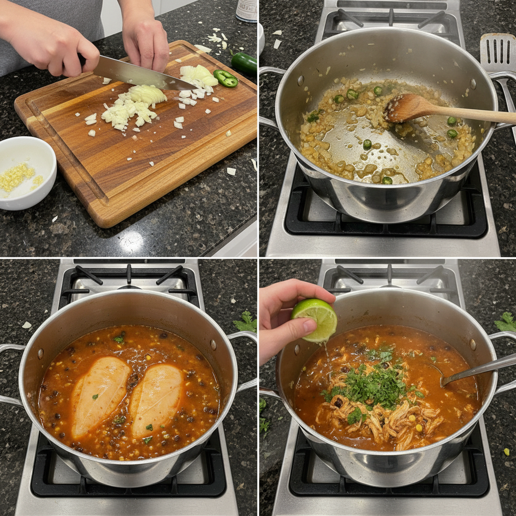A hand stirring a simmering pot of rich broth and vegetables for tortilla soup on a stovetop.