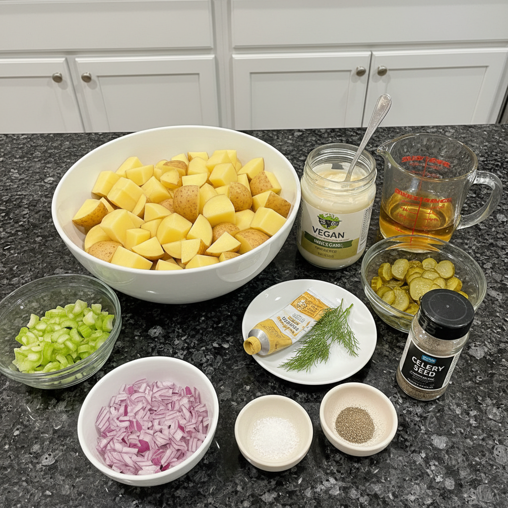 vegan-potato-salad-ingredients Fresh ingredients laid out for making vegan potato salad, including potatoes, celery, and herbs on a wooden board.