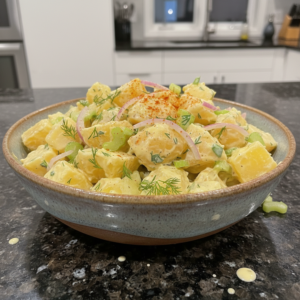 Creamy vegan potato salad in a serving bowl, garnished with fresh dill and chives.