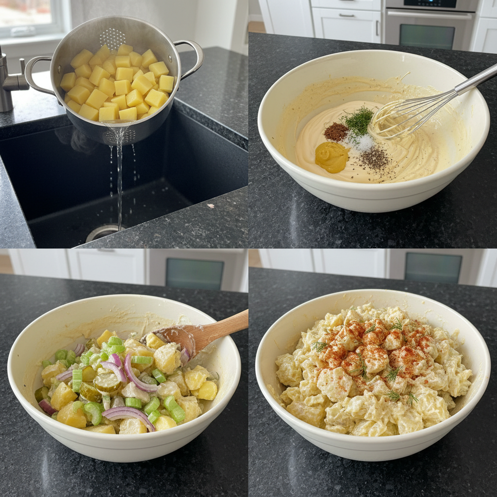 vegan-potato-salad-prep-step Hands mixing chopped potatoes, celery, and creamy dressing in a large mixing bowl for vegan potato salad.