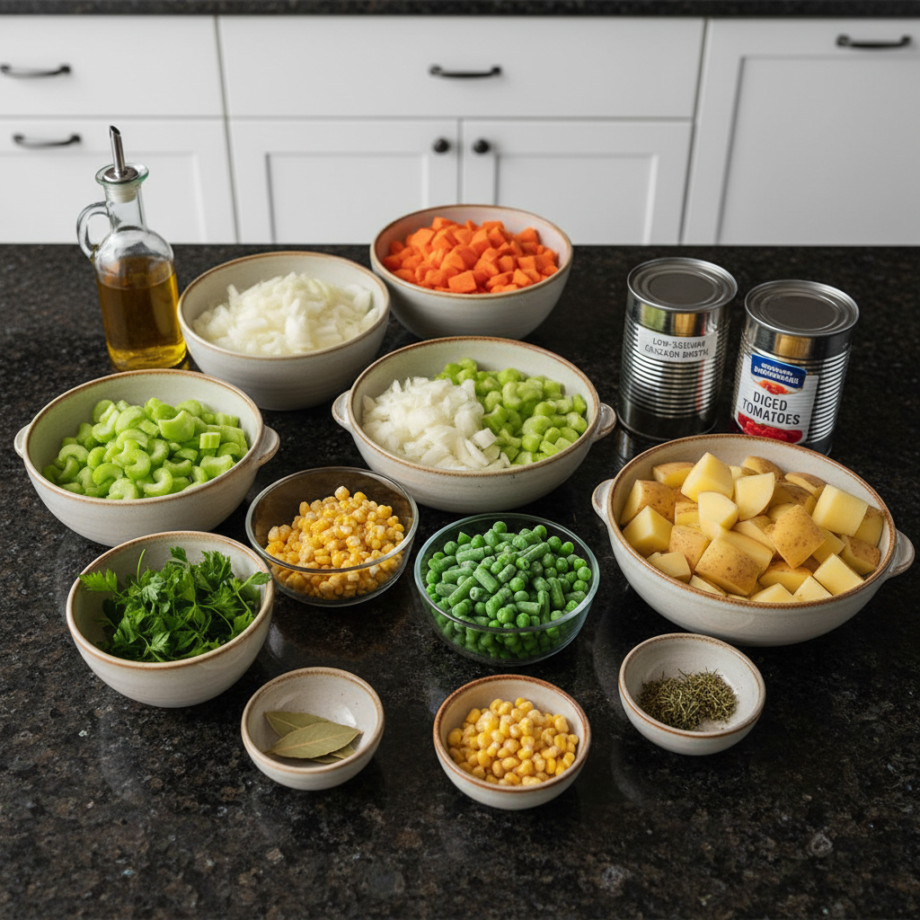 vegetable-soup-ingredients-mise-en-place An array of fresh, colorful produce and seasonings laid out for making delicious vegetable soup.