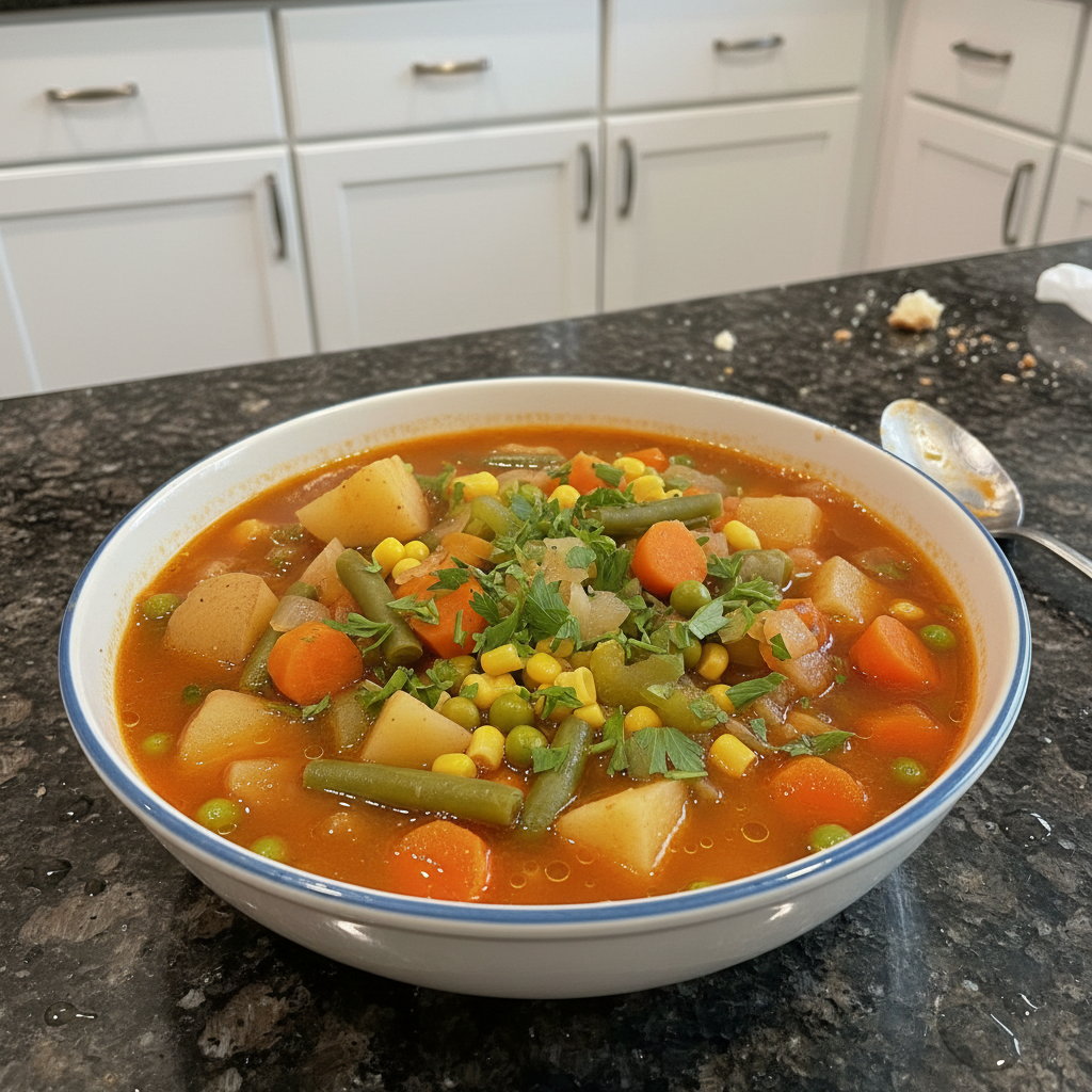 A hearty bowl of colorful vegetable soup garnished with fresh herbs, ready to be enjoyed.
