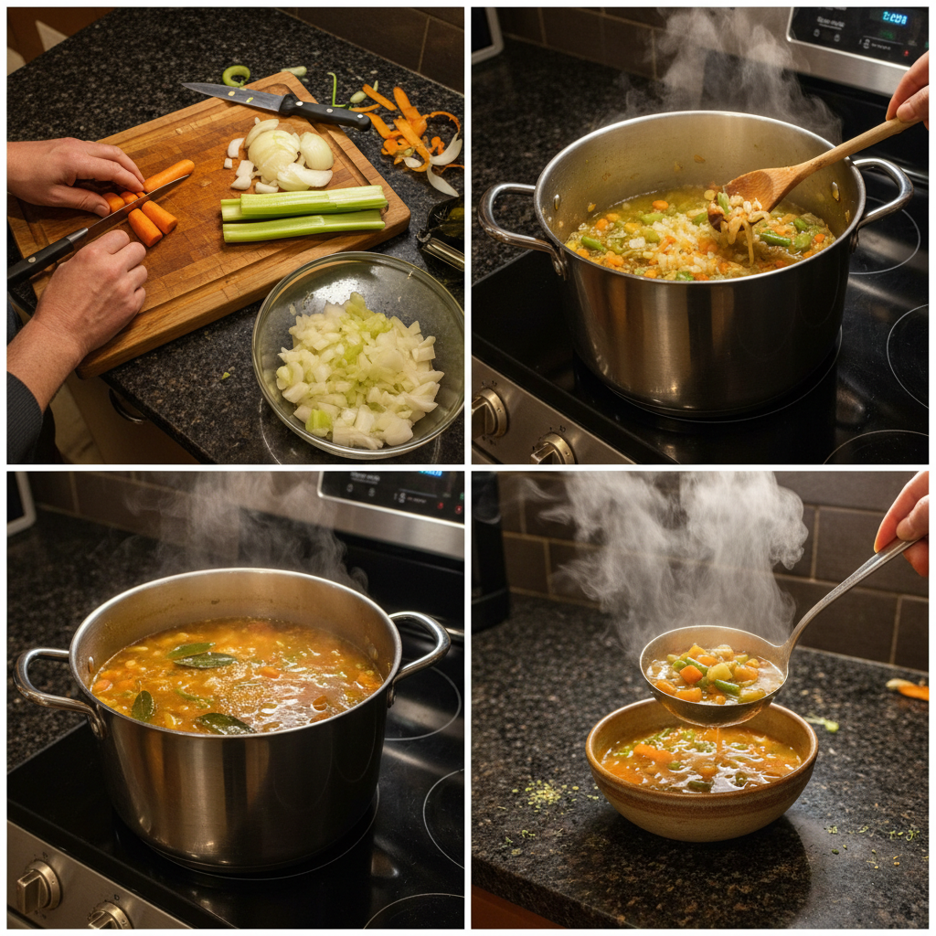 vegetable-soup-prep-simmering-pot Freshly chopped vegetables simmering gently in a large pot, filling the kitchen with a wonderful aroma for vegetable soup.