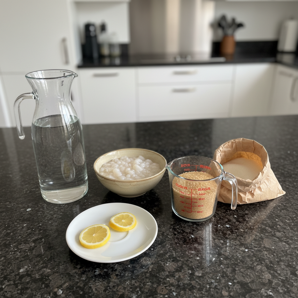 Key ingredients for a water kefir recipe laid out: kefir grains, sugar, and water, ready for fermentation.