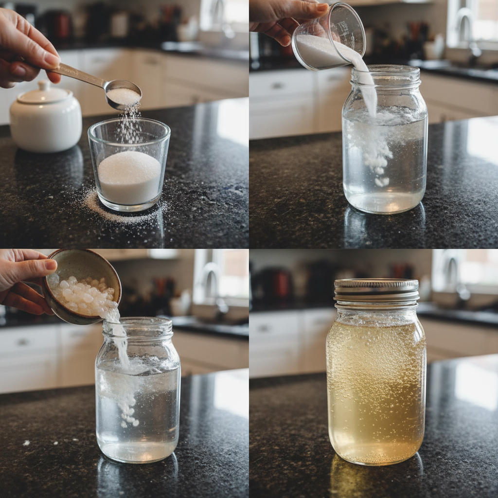 Water kefir grains being gently placed into a jar with sugar water, the first step in this water kefir recipe.