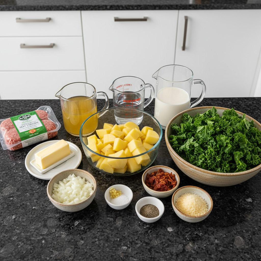 Fresh ingredients for zuppa toscana soup, including Italian sausage, potatoes, kale, heavy cream, broth, and aromatics.