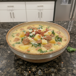 A hearty bowl of creamy zuppa toscana soup with sausage, potatoes, and kale, garnished with fresh parsley.