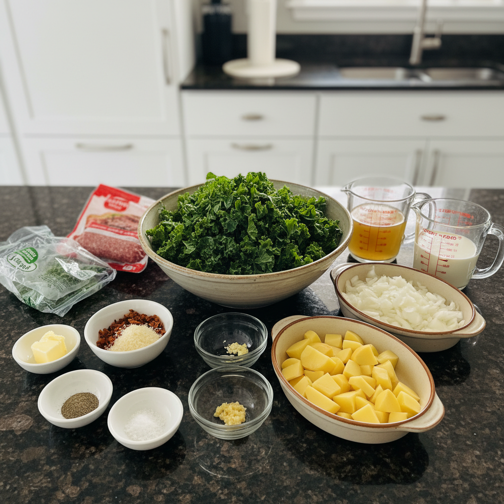 Fresh ingredients laid out for homemade Zuppa Toscana soup, including kale, potatoes, sausage, and cream, for an Olive Garden copycat.