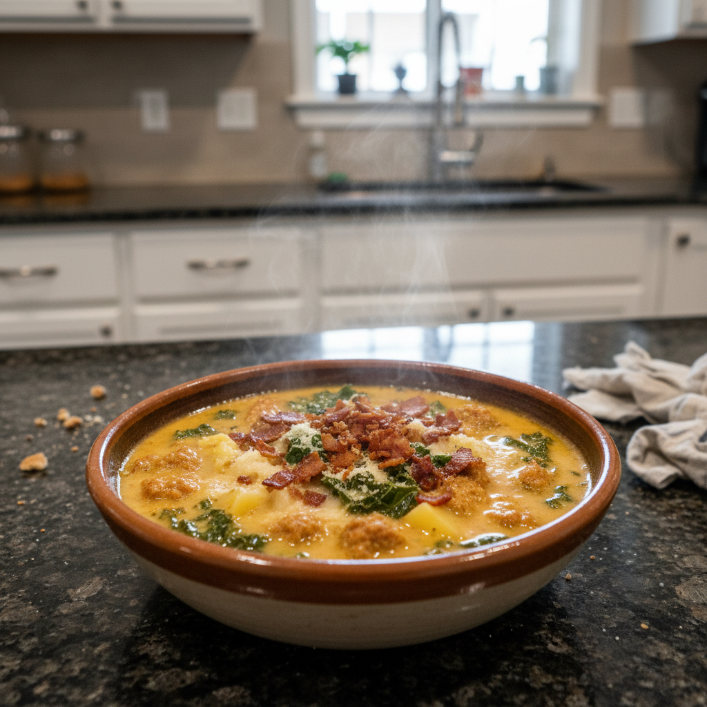 A creamy bowl of homemade Zuppa Toscana soup, just like Olive Garden's, garnished with crumbled bacon and fresh parsley.