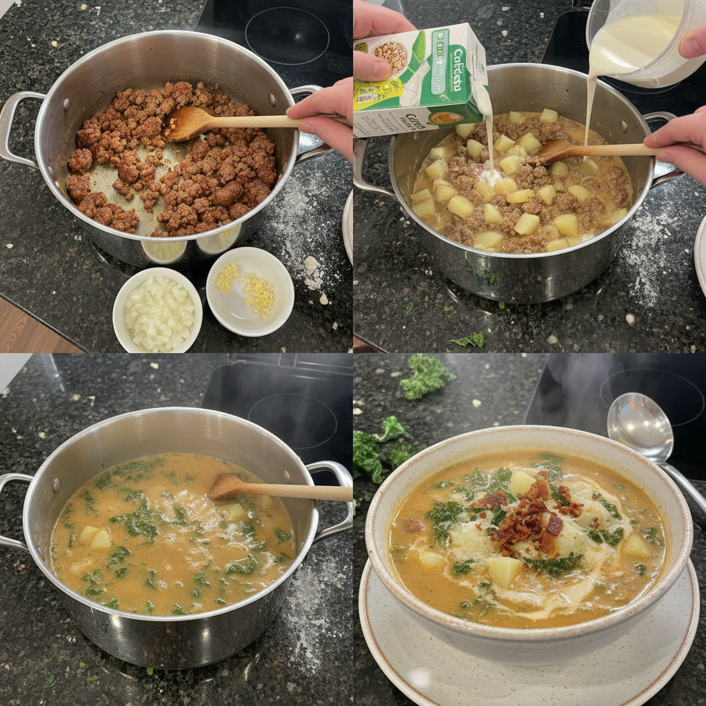 Hands chopping fresh kale and potatoes, preparing them for a hearty pot of Zuppa Toscana soup, inspired by Olive Garden.