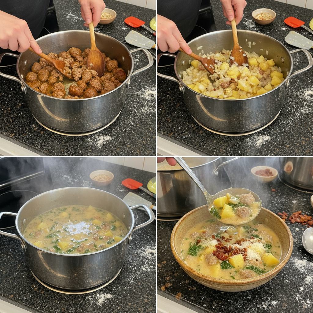 Sautéing Italian sausage and onions in a pot, an essential first step for making delicious zuppa toscana soup.