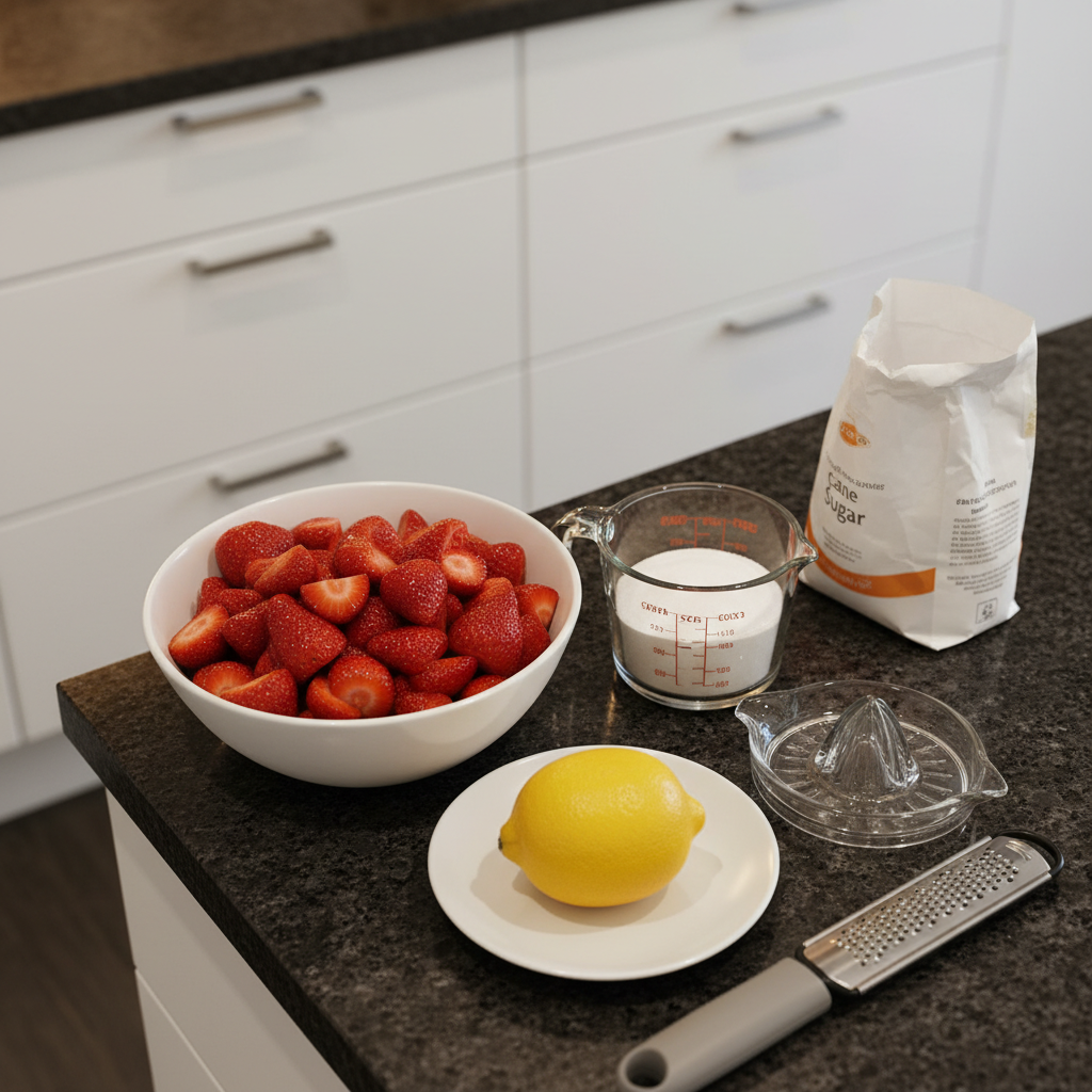 Fresh, ripe strawberries, granulated sugar, and a lemon on a wooden board, ready for making 3-Ingredient Strawberry Sauce.