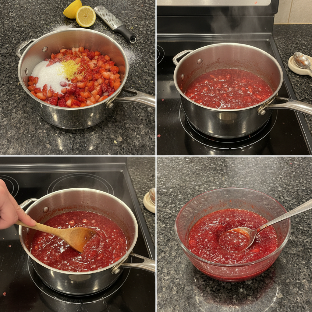 Chopped strawberries simmering gently in a saucepan with sugar and lemon juice, creating the 3-Ingredient Strawberry Sauce.