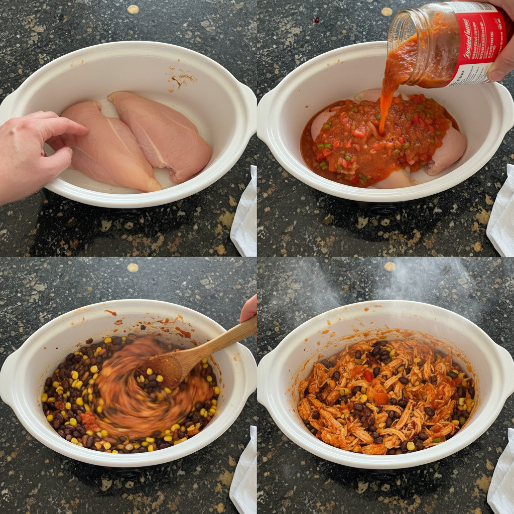 5-ingredient-crockpot-meals-prep-step Combining all elements for delicious 5-Ingredient Crockpot Meals into the slow cooker for easy preparation.