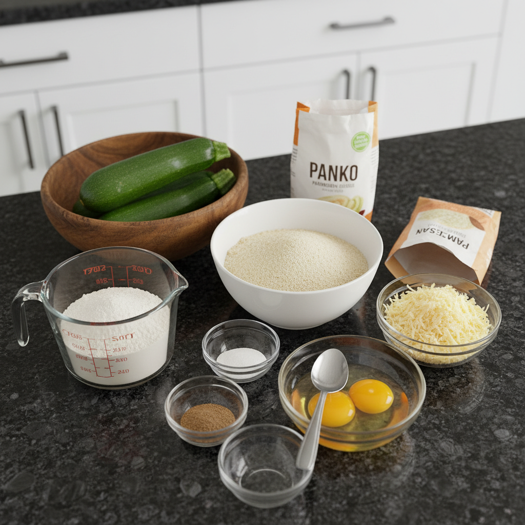 Fresh zucchini, flour, breadcrumbs, and seasonings laid out for air fryer zucchini fries preparation on a cutting board.