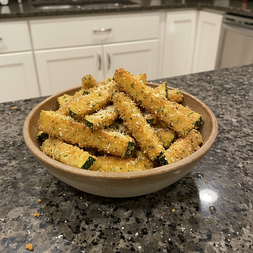 Crispy air fryer zucchini fries piled high on a plate with a side of creamy dipping sauce, ready to eat.