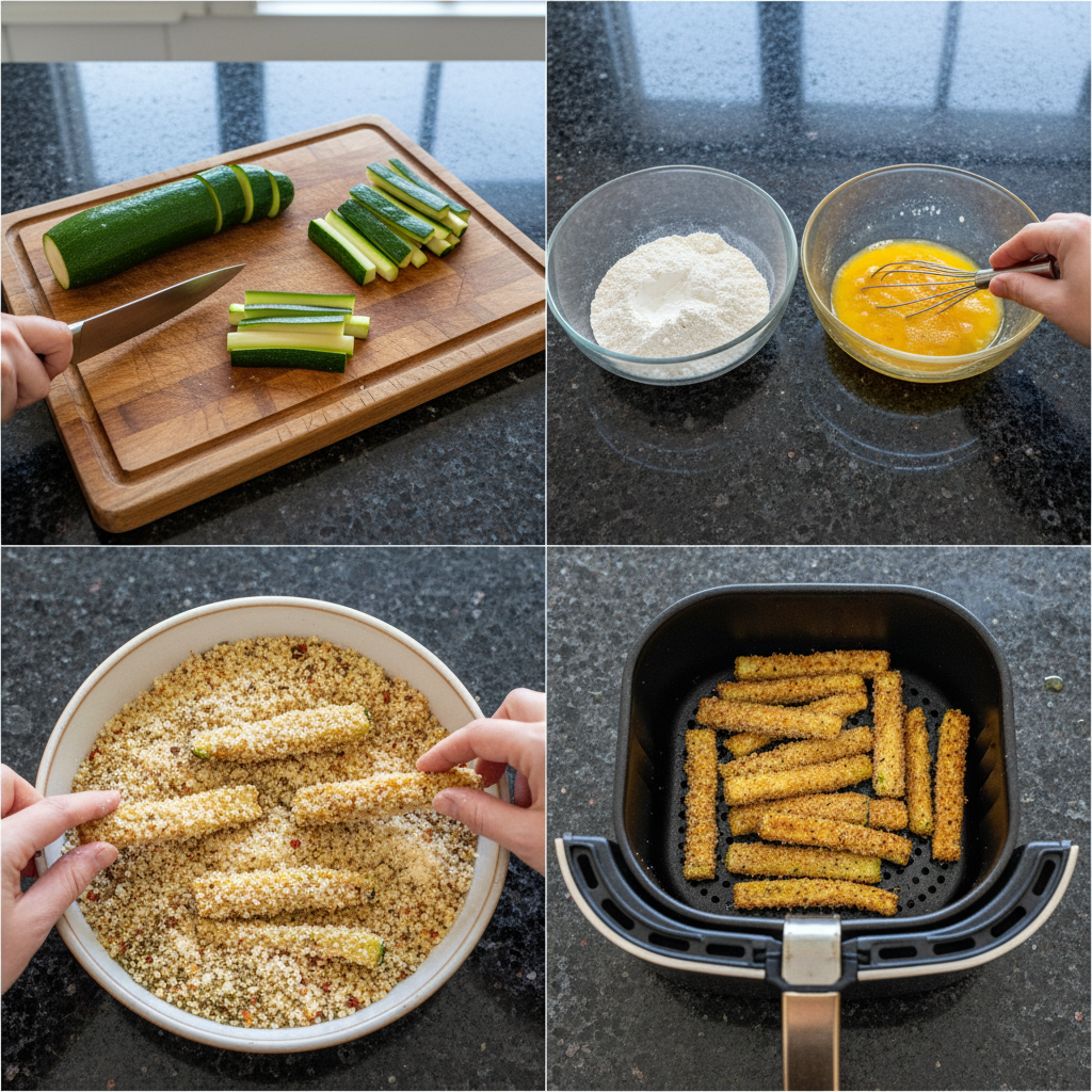 Hand coating sliced zucchini sticks with a seasoned breading mixture before placing them in the air fryer for crispy zucchini fries.